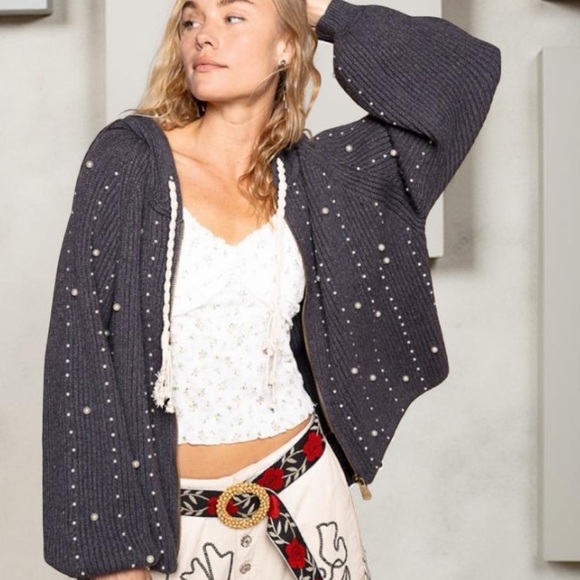 POL Hoodie With Pearls Grey Hooded Sweater with Pearl Accents New Boutique - Picture 9 of 16